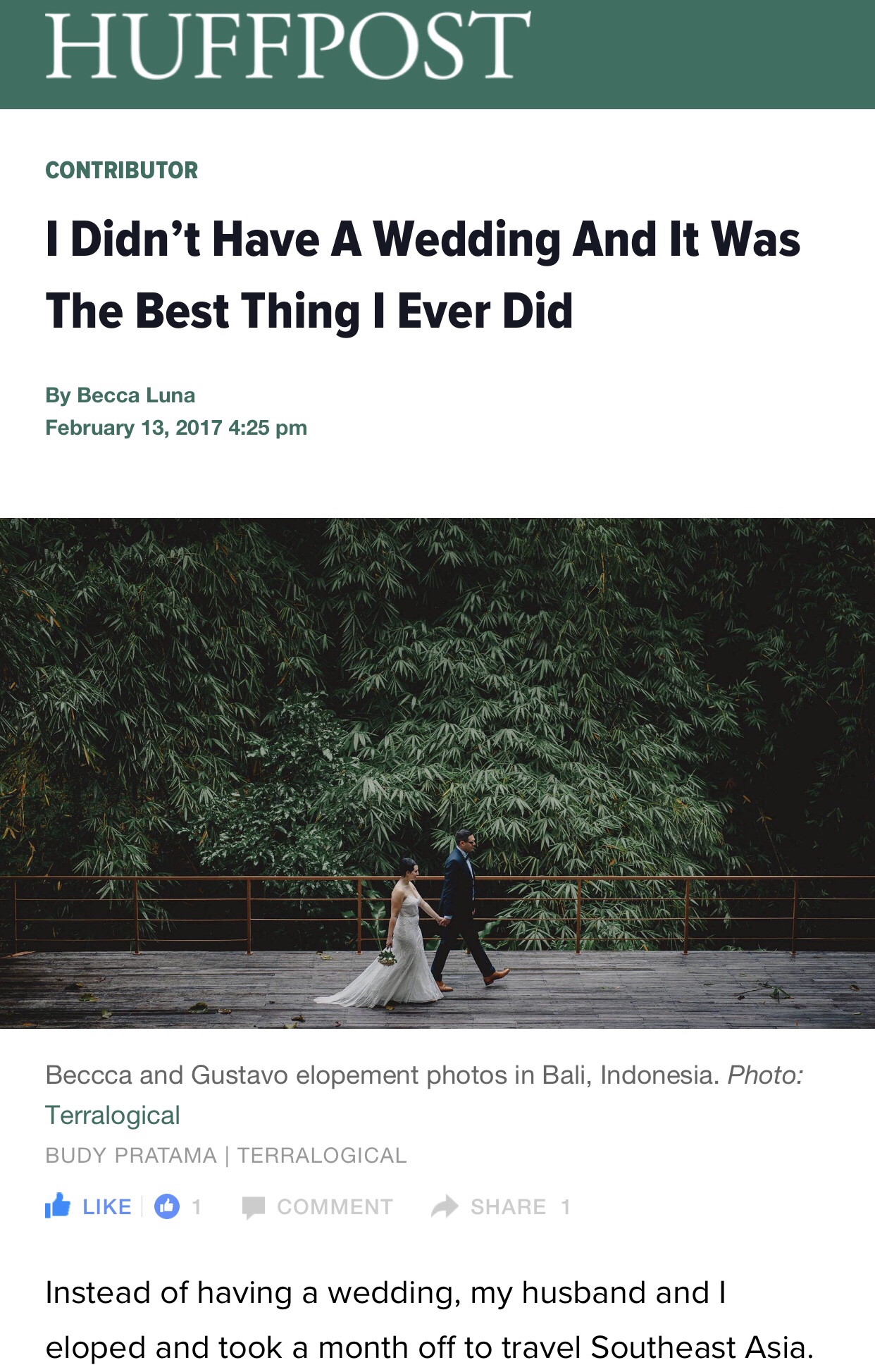 Huffington Post Contributor Becca Risa Luna | I didn’t have a wedding and it was the best thing I ever did