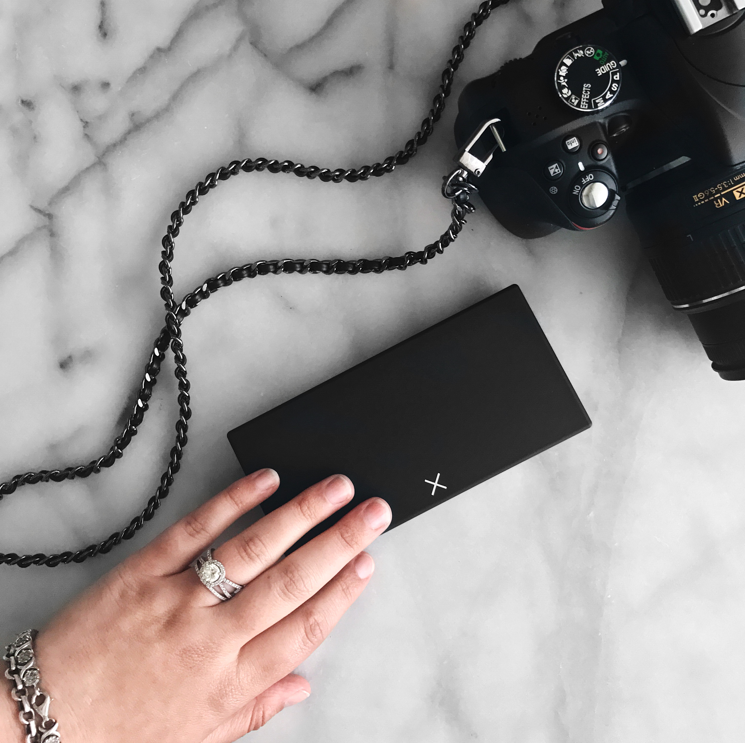 Port and Polish pillbox with Nikon camera and chainlink strap