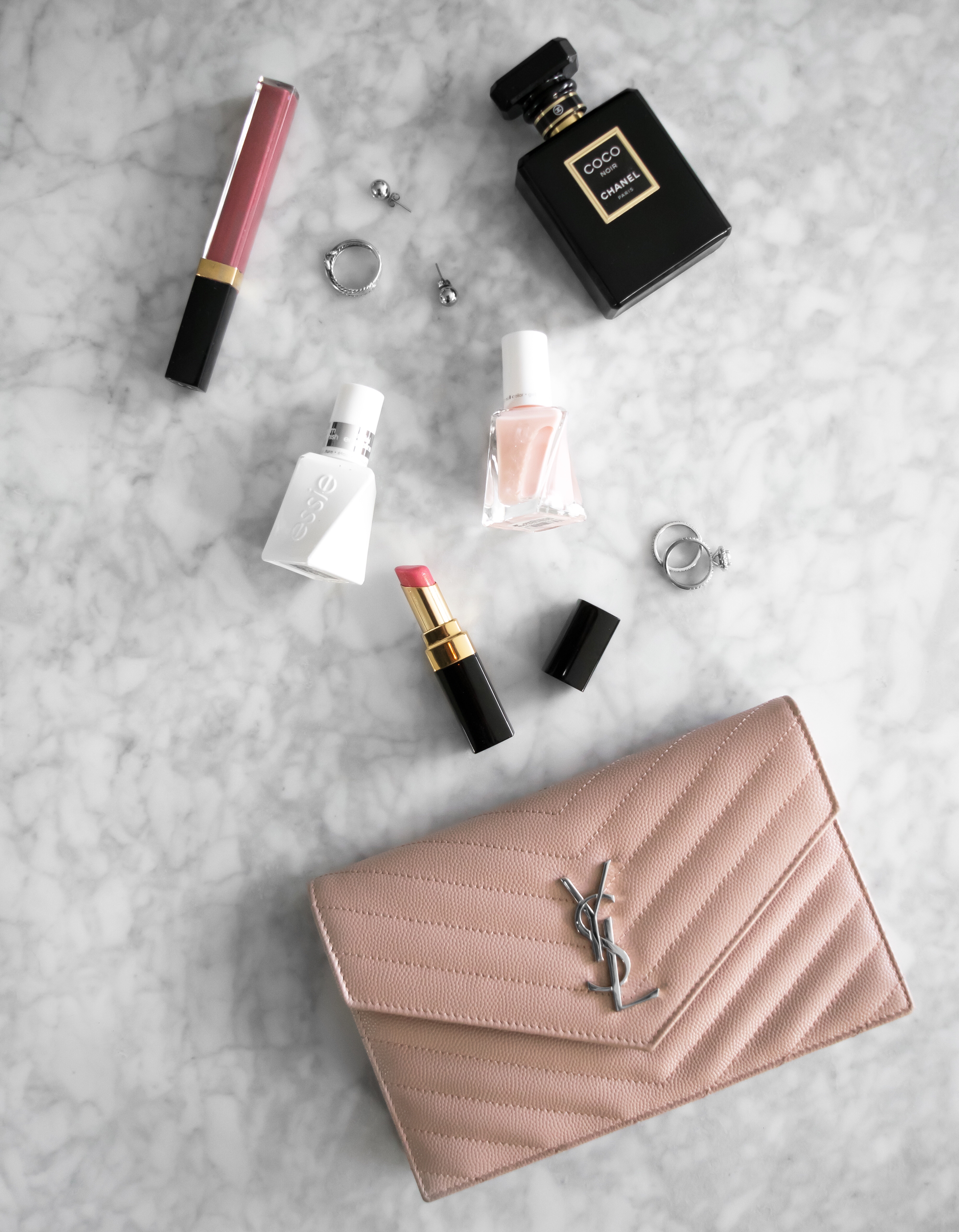 Date night fashion flat lay! YSL pink WOC and Chanel Coco Noir perfume | BeccaRisaLuna.com
