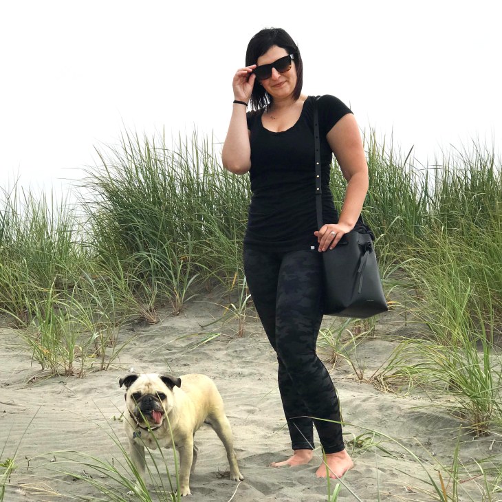 Girl and pug dog in the sand