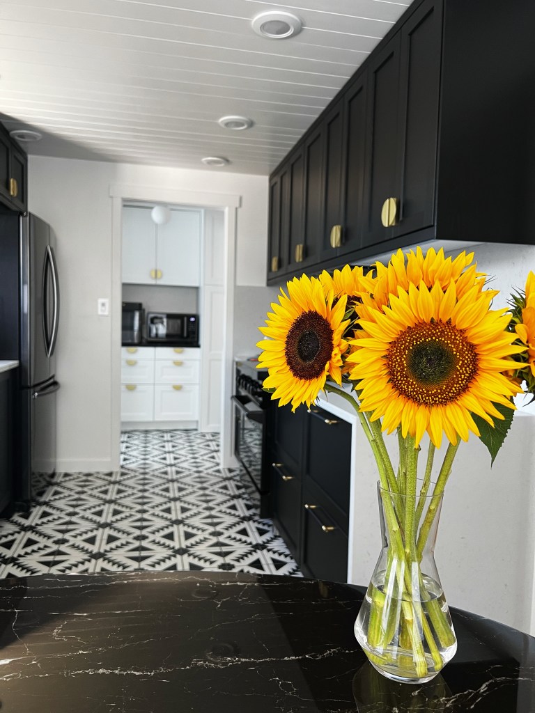 Black and white kitchen with black IKEA lerhyttan cabinets and geometric tile floors